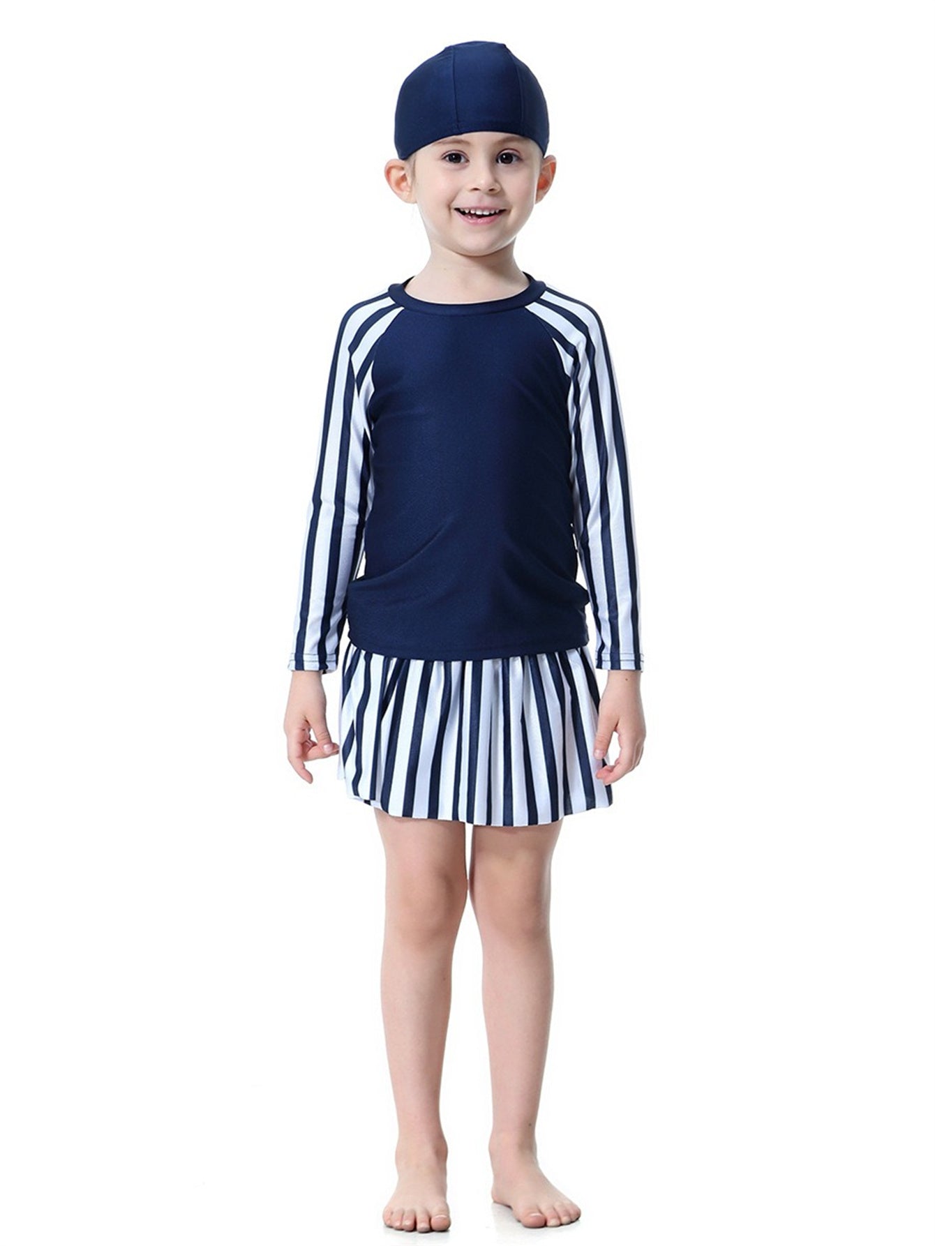 Mädchen gestreifter langer Rock Sonnenschutz Schwimmrock Set