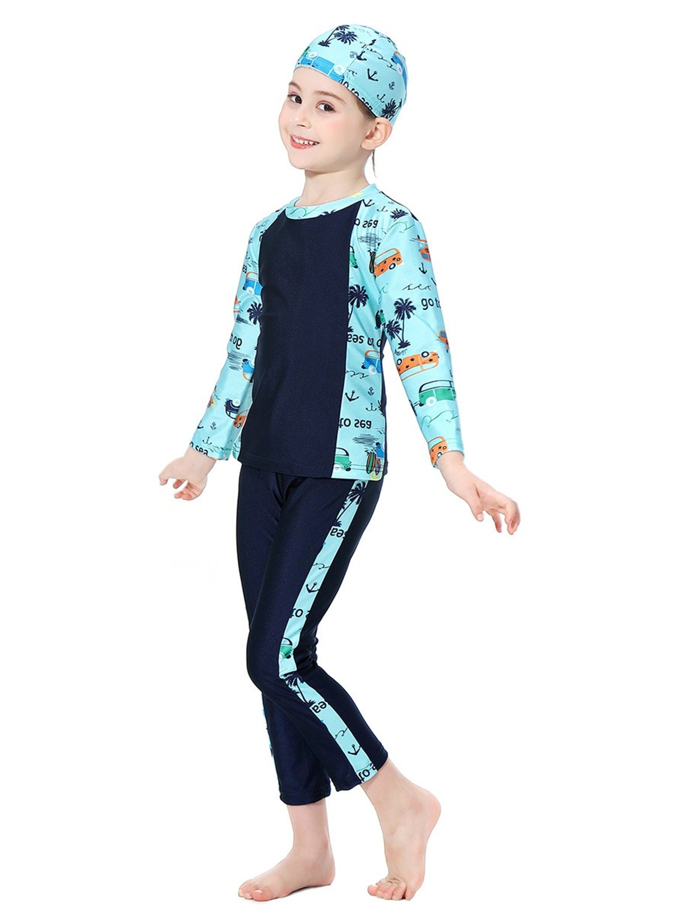 Mädchen Badeanzug mit Meeresmotiv, langen Ärmeln und langer Hose, konservativer Sonnenschutz-Badeanzug
