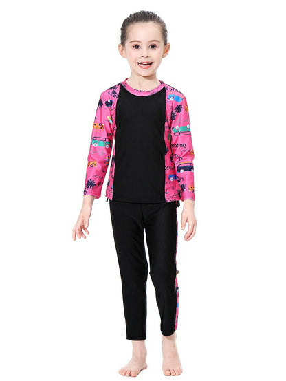 Girls swimsuit with seaside pattern, long sleeves and long pants, conservative sun protection swimsuit