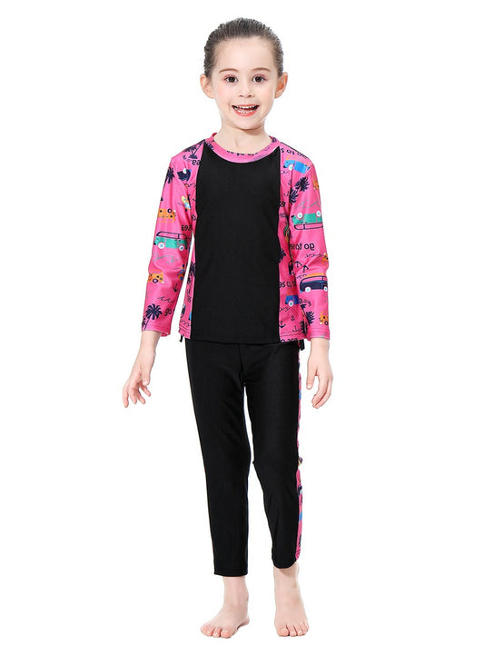 Girls swimsuit with seaside pattern, long sleeves and long pants, conservative sun protection swimsuit