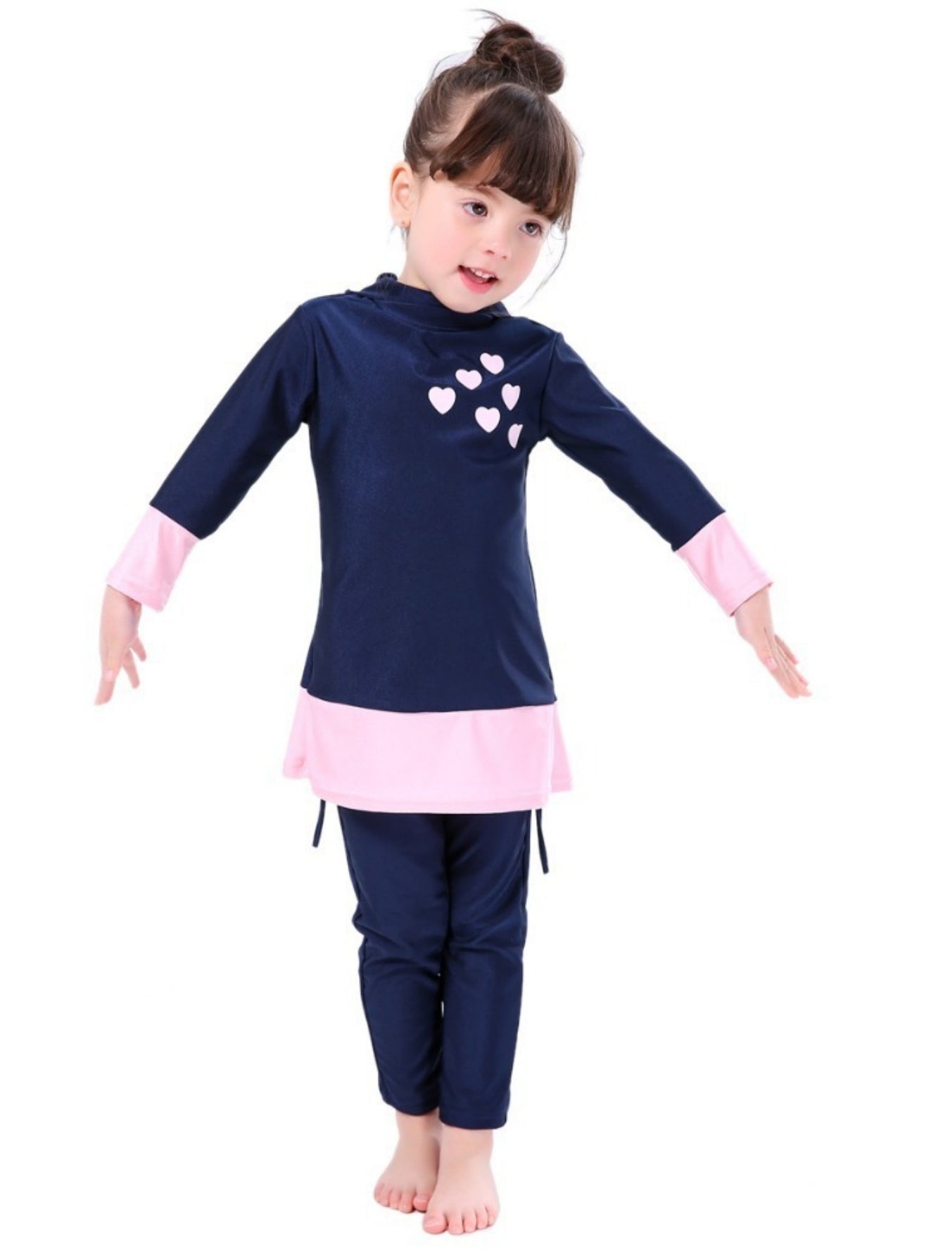 Girls conservative swimsuit Love children's beach swimsuit Hooded swimsuit + trousers two-piece set