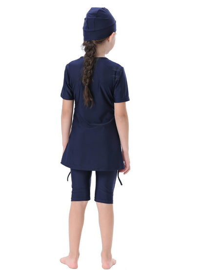 Girls three-piece suit: top + shorts + hat Girls conservative short-sleeved swimsuit horizontal stripe contrast color swimsuit