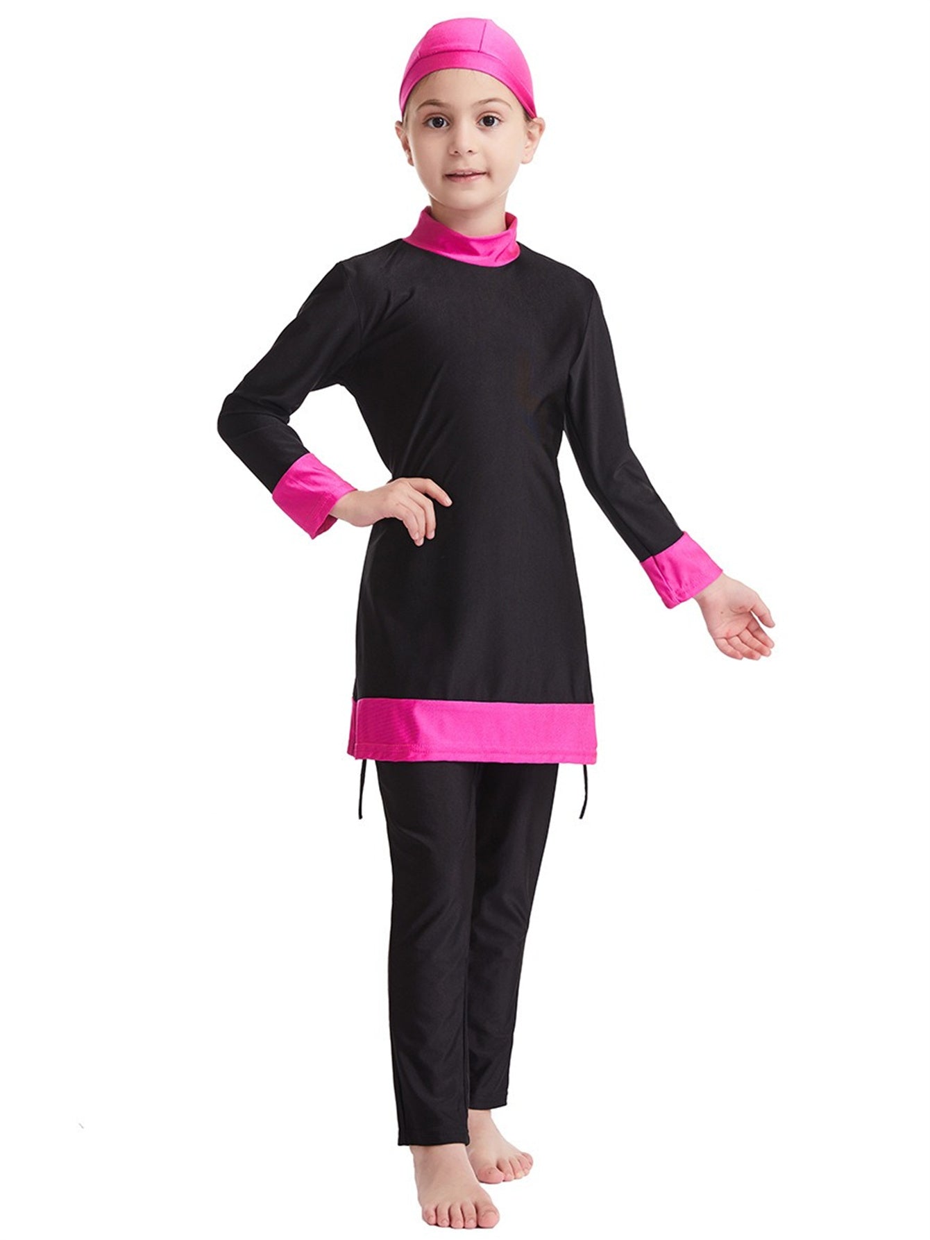 Girls' conservative color matching three-piece sun protection swimsuit