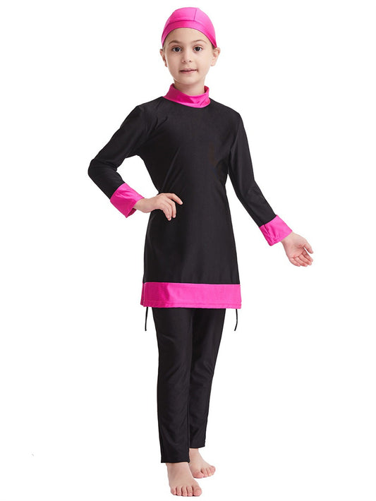 Girls' conservative color matching three-piece sun protection swimsuit
