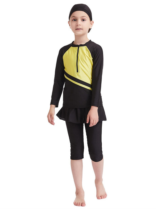 Girls Traditional Conservative Splicing Long Sleeve Swimsuit Set