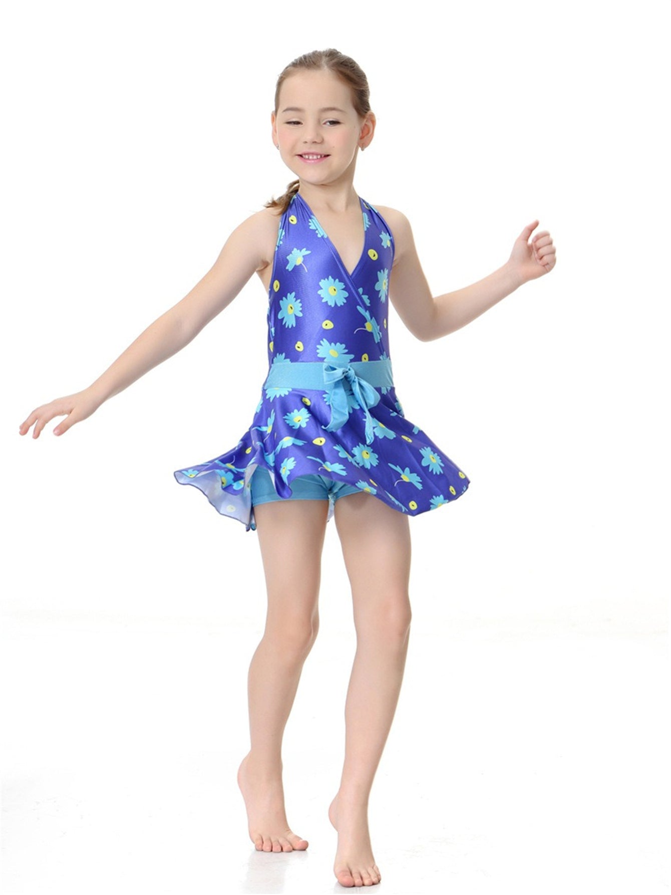 Girls Halter Neck Waist Floral Pattern Conservative Traditional One-Piece Swim Dress