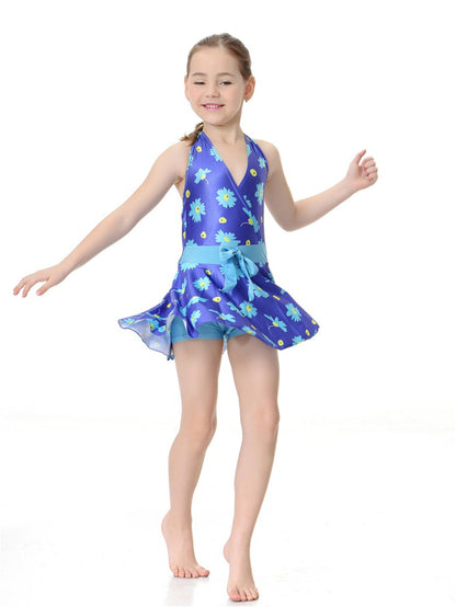 Girls Halter Neck Waist Floral Pattern Conservative Traditional One-Piece Swim Dress
