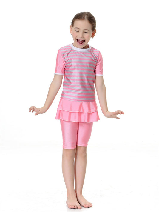 Girls swimsuit conservative split striped round neck short sleeve two-piece swimsuit