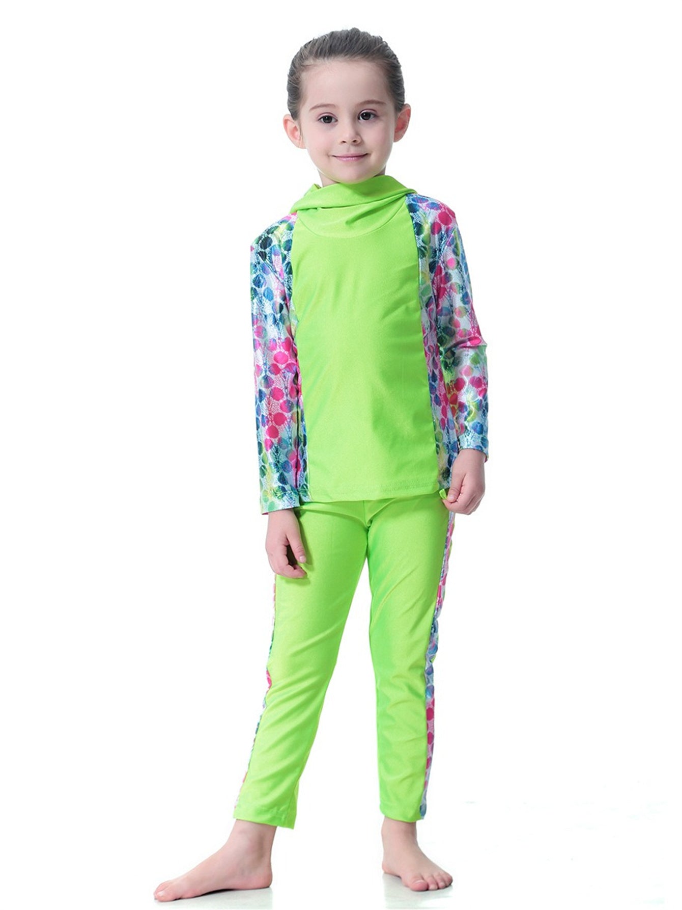 Girls Long Sleeve Splicing Waterproof Hooded Swimsuit Set
