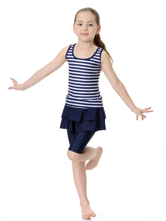 Girls Striped Sleeveless Round Neck Conservative Two-Piece Swimsuit