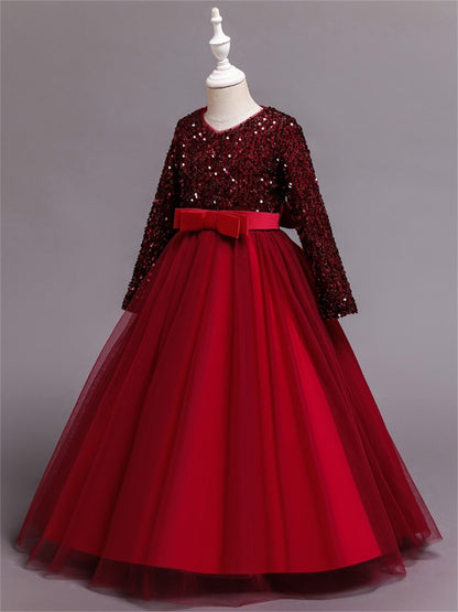Long dress sequined wedding princess dress small host long sleeve mesh skirt bow dress