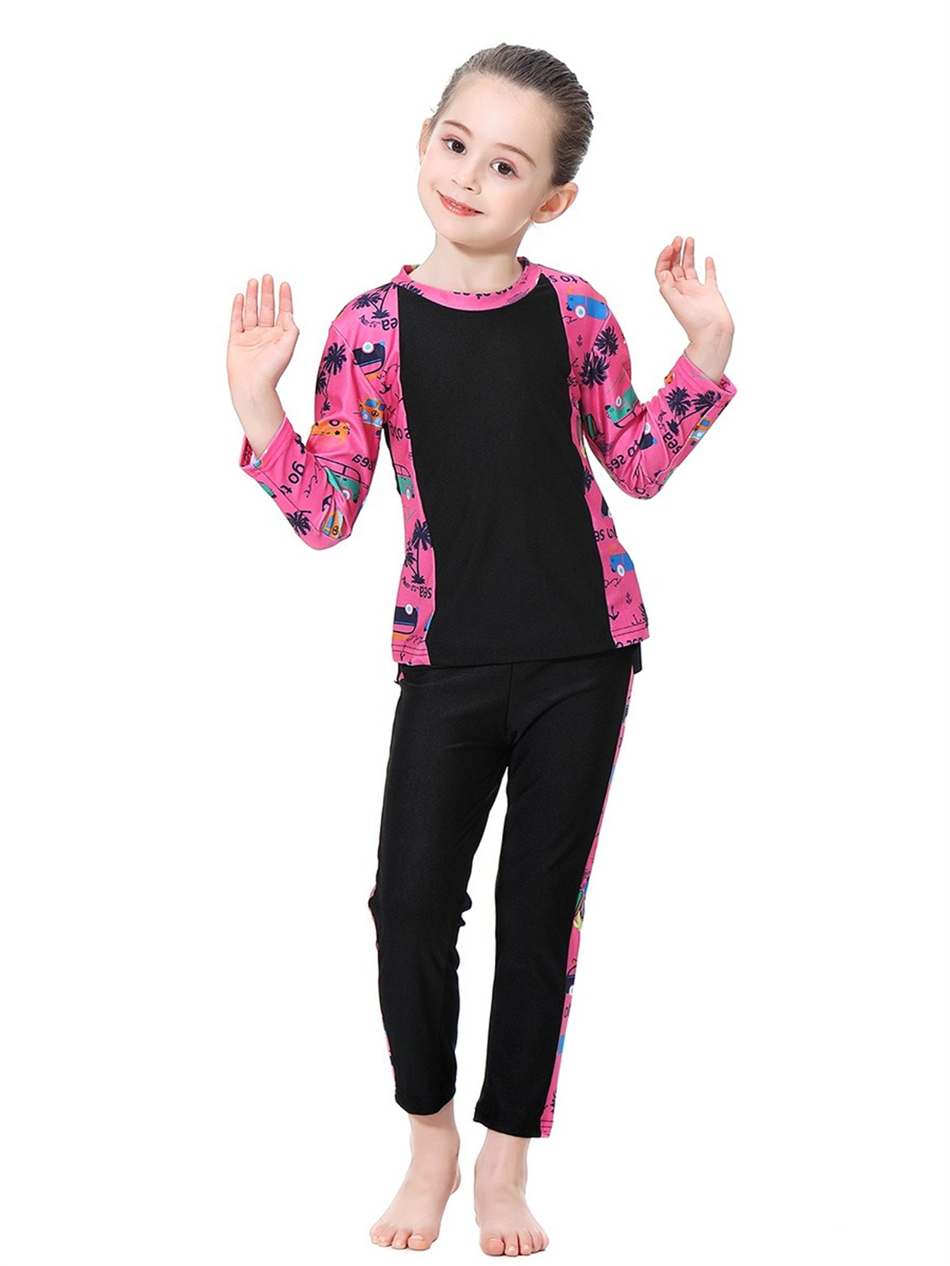 Girls swimsuit with seaside pattern, long sleeves and long pants, conservative sun protection swimsuit