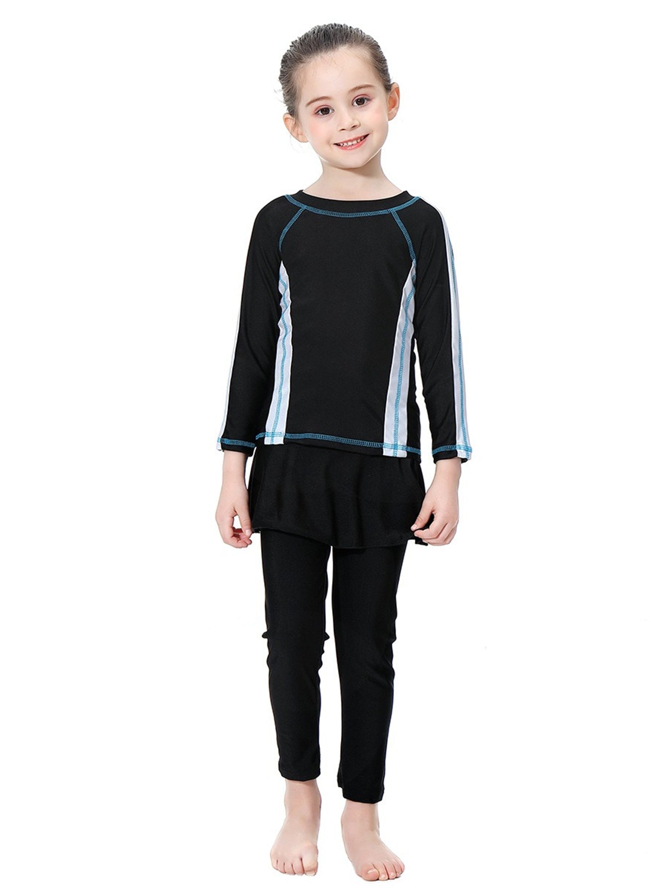Girls' conservative swimsuit with contrasting colors, long sleeves and long pants, sunscreen two-piece set