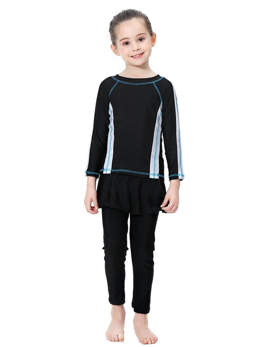Girls' conservative swimsuit with contrasting colors, long sleeves and long pants, sunscreen two-piece set