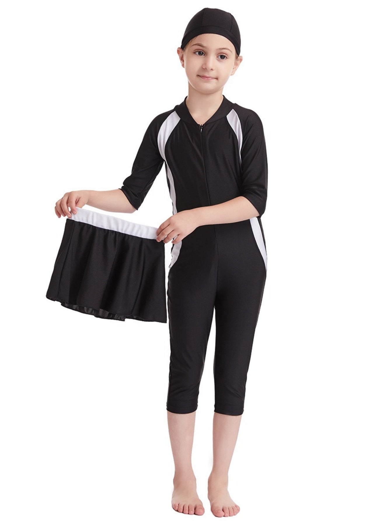Girls conservative swimsuit top + shorts + hat pink, black, navy blue three-piece set