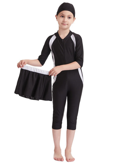 Girls conservative swimsuit top + shorts + hat pink, black, navy blue three-piece set