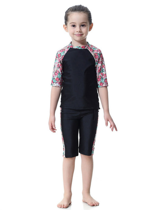 Girls Swimwear 3-piece Swimsuit Flower Pattern Patchwork Design