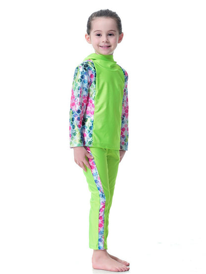 Girls Long Sleeve Splicing Waterproof Hooded Swimsuit Set