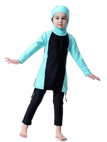 Girls Swimsuit Hooded Contrast Color Long Sleeve Long Pants Sun Protection Swimsuit Set