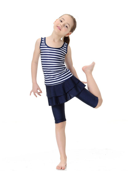 Girls Striped Sleeveless Round Neck Conservative Two-Piece Swimsuit