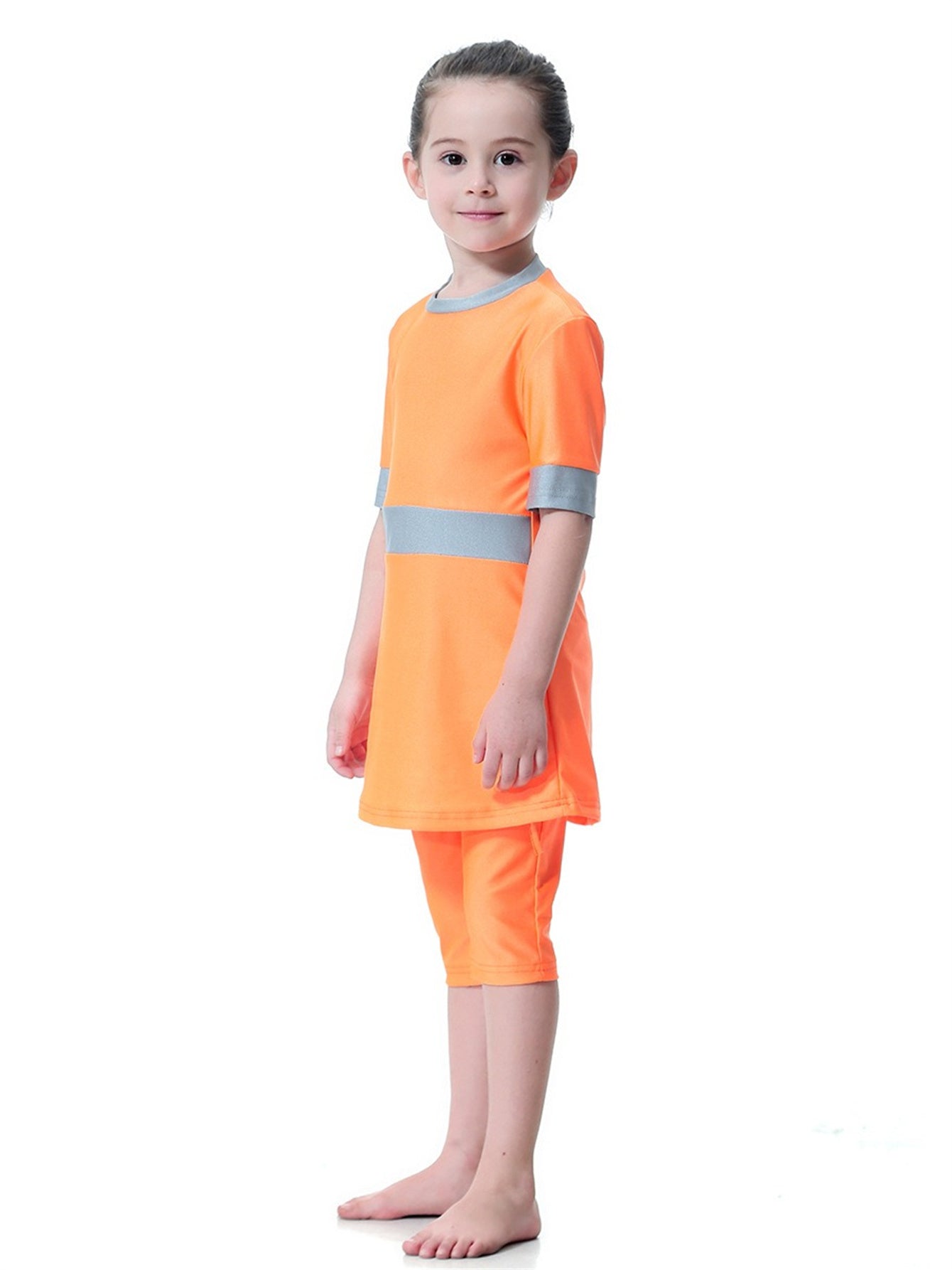 Girls Swimsuit Round Neck Contrast Color Conservative Two-Piece Swimsuit