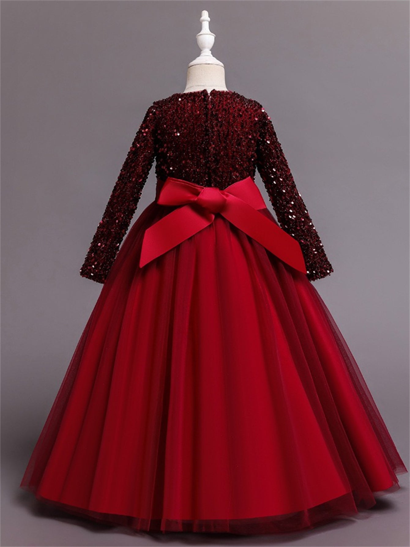 Long dress sequined wedding princess dress small host long sleeve mesh skirt bow dress