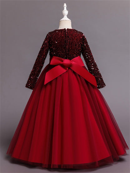Long dress sequined wedding princess dress small host long sleeve mesh skirt bow dress