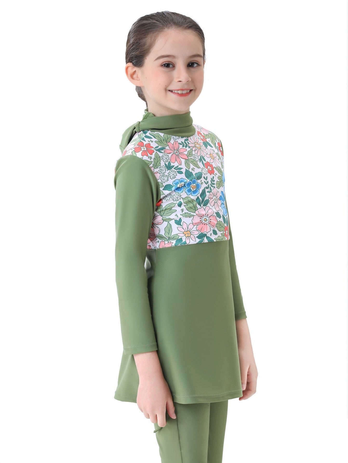 Girls conservative swimsuit bukini children's beach swimsuit hooded top with random prints + pants two-piece