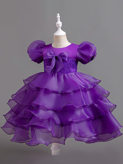 Girls Puff Sleeve Dress Bow Princess Dress