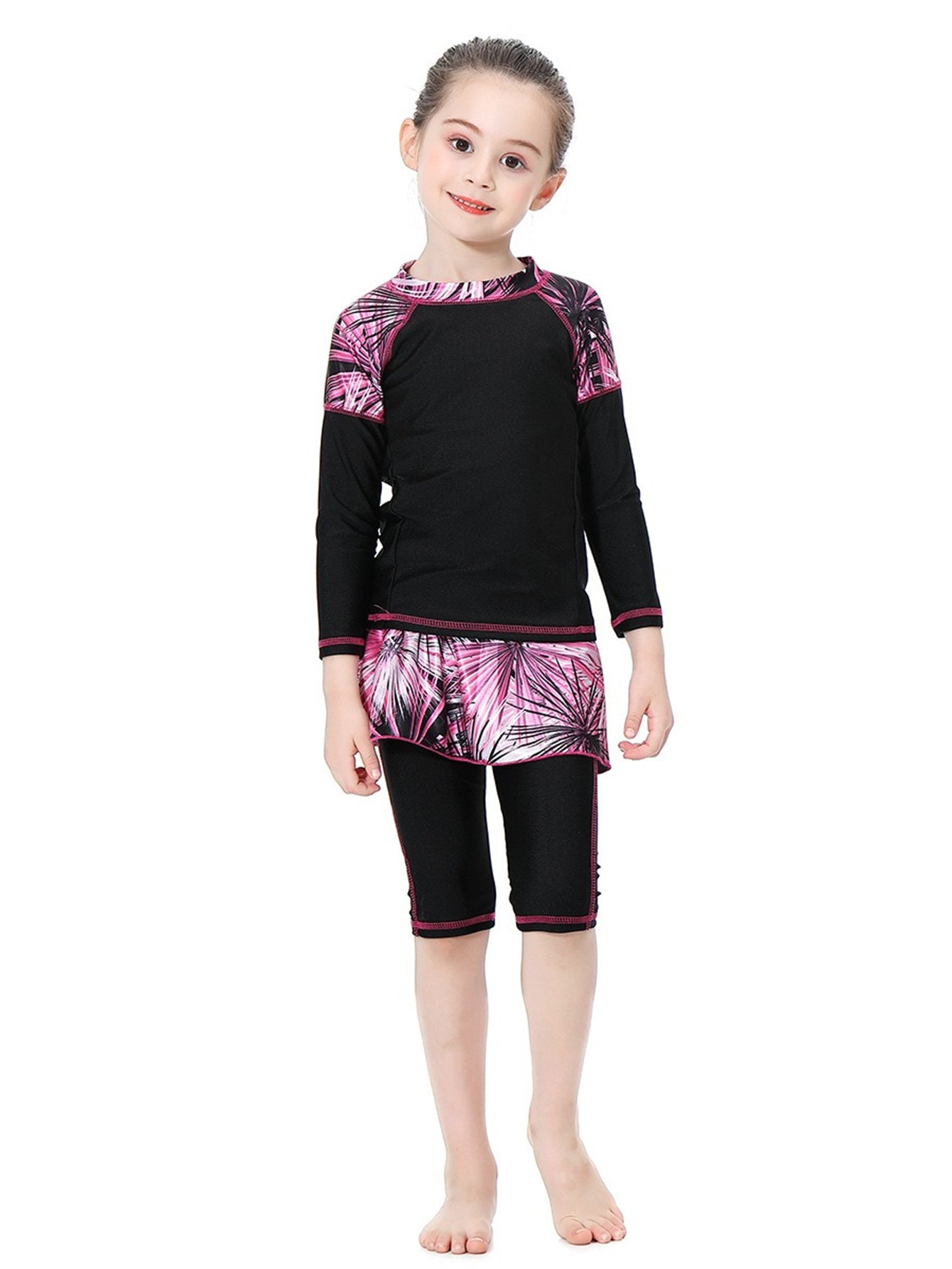 Girls Swimwear Tropical Plant Pattern Conservative Three-Piece Swimsuit