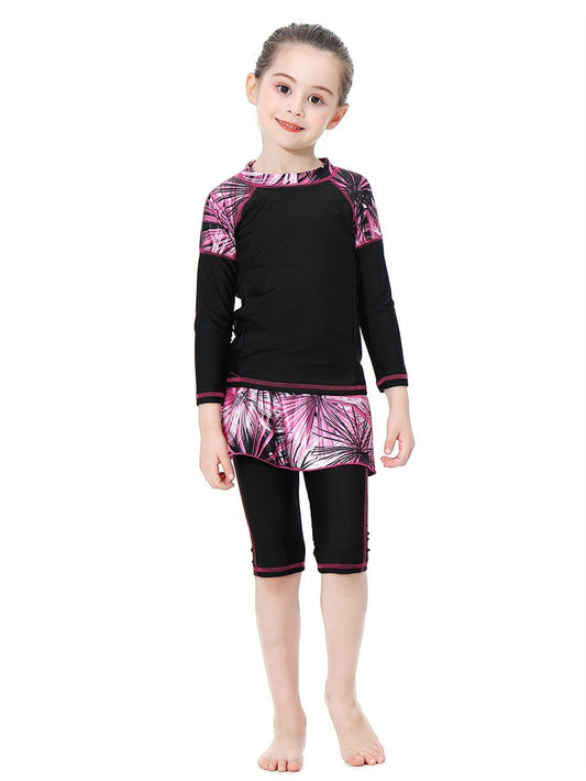 Girls Swimwear Tropical Plant Pattern Conservative Three-Piece Swimsuit