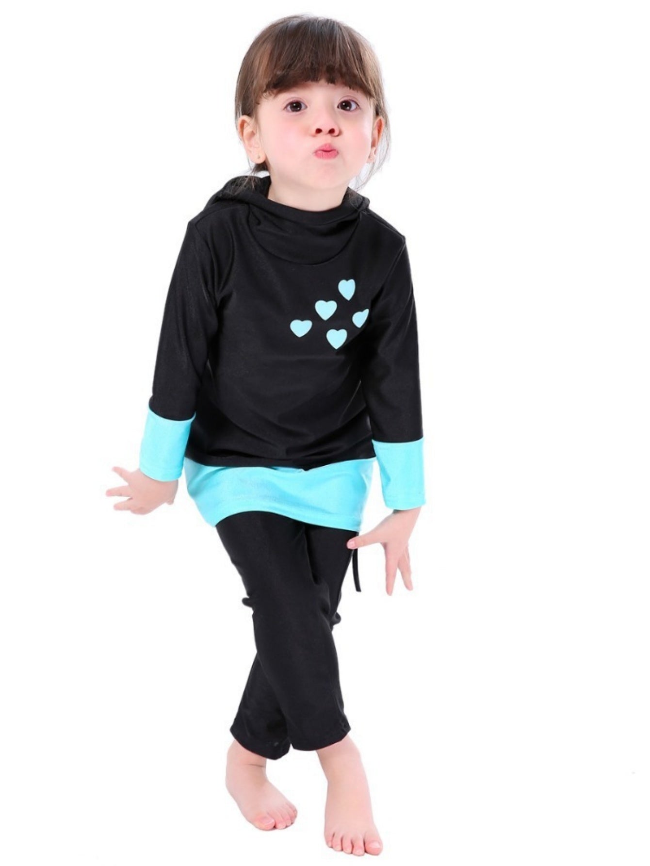 Girls conservative swimsuit Love children's beach swimsuit Hooded swimsuit + trousers two-piece set