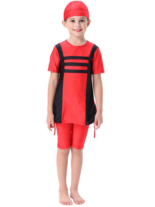 Girls three-piece suit: top + shorts + hat Girls conservative short-sleeved swimsuit horizontal stripe contrast color swimsuit