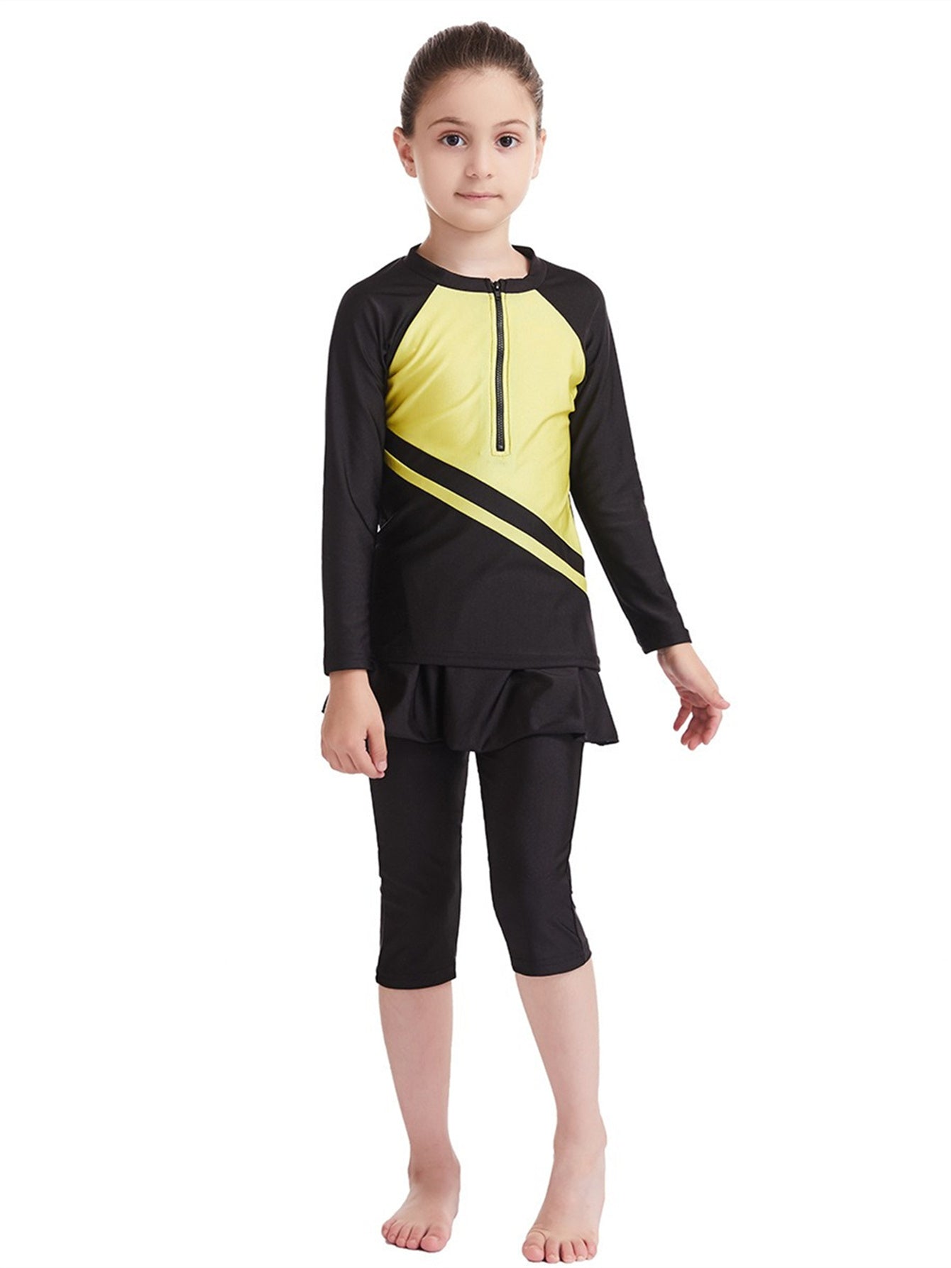 Girls Traditional Conservative Splicing Long Sleeve Swimsuit Set