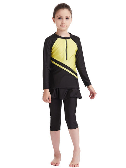 Girls Traditional Conservative Splicing Long Sleeve Swimsuit Set