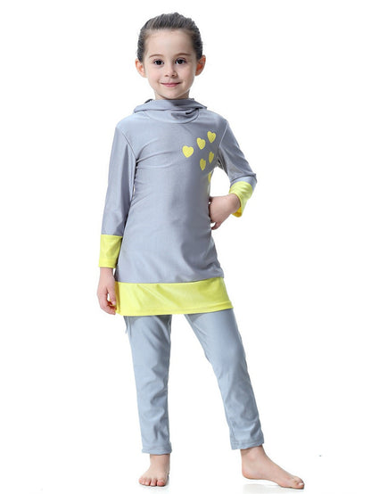 Girls' long-sleeved trousers contrast color heart hooded swimsuit set