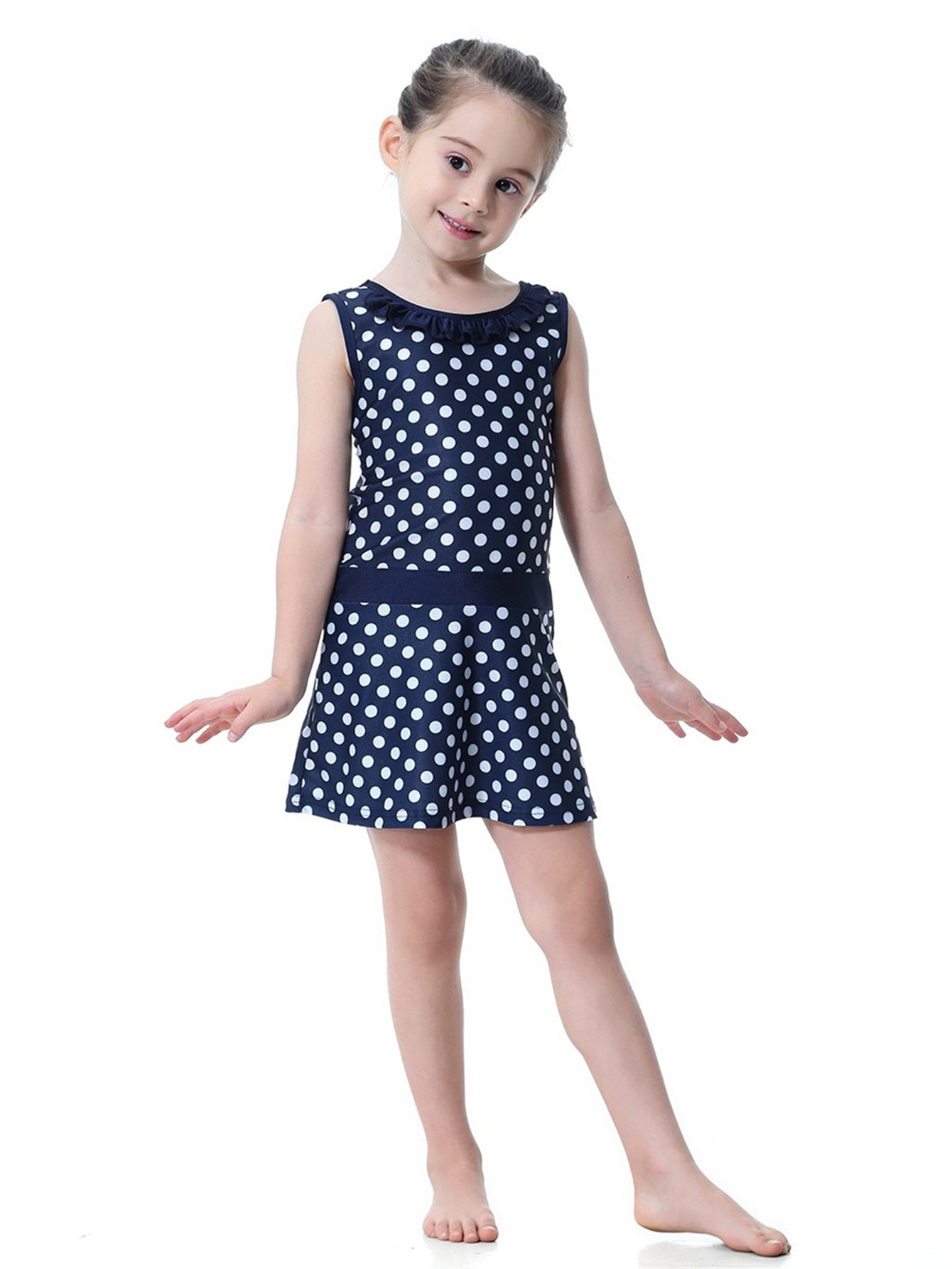 Girls Conservative Lace Polka Dot Multi-Piece Swim Dress