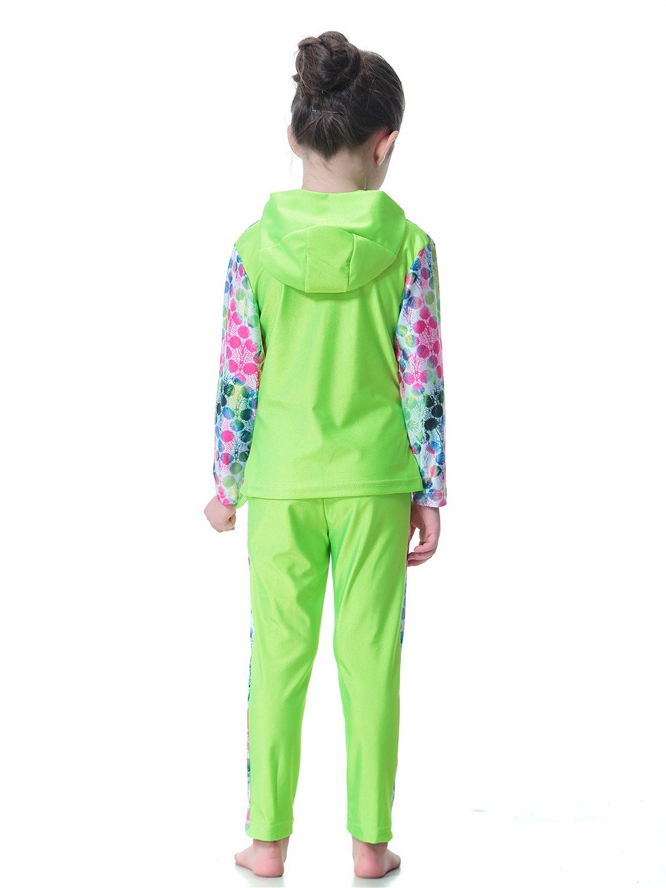 Girls Long Sleeve Splicing Waterproof Hooded Swimsuit Set