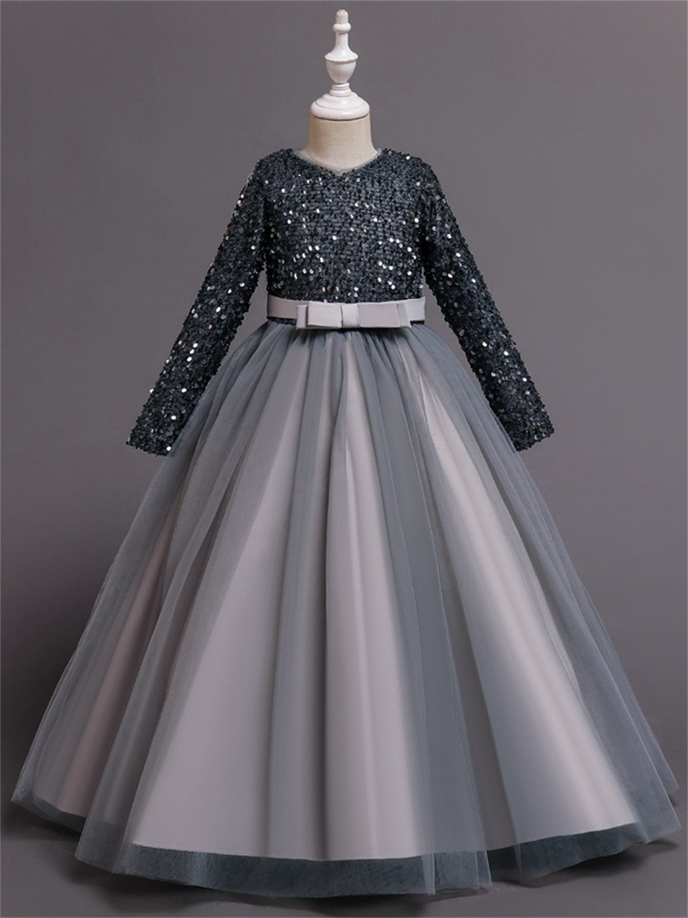 Long dress sequined wedding princess dress small host long sleeve mesh skirt bow dress