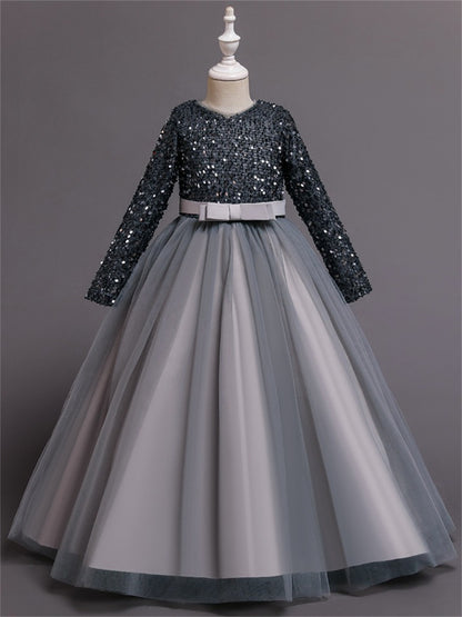 Long dress sequined wedding princess dress small host long sleeve mesh skirt bow dress