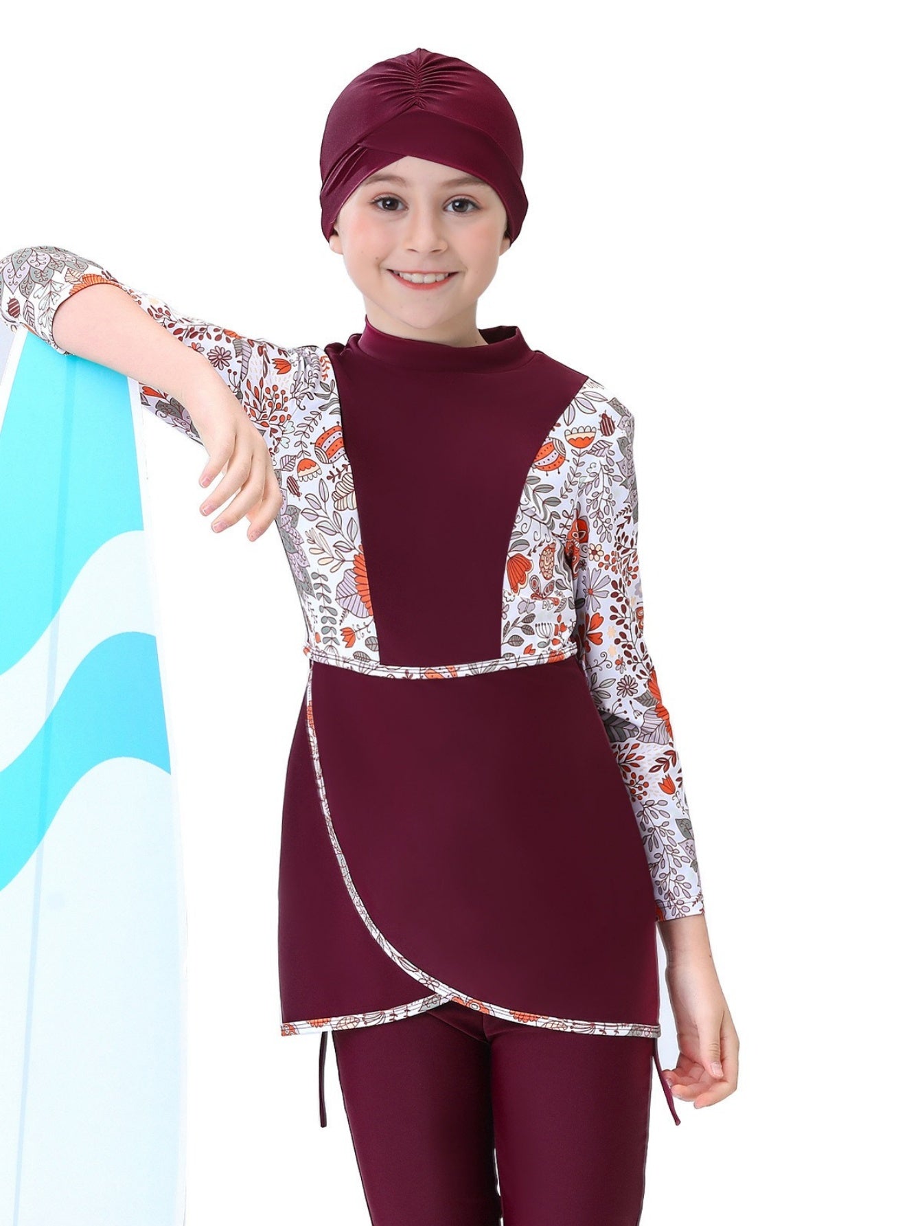 Girls conservative swimsuit bukini children's beach swimsuit long sleeve random print design top + trousers two-piece set