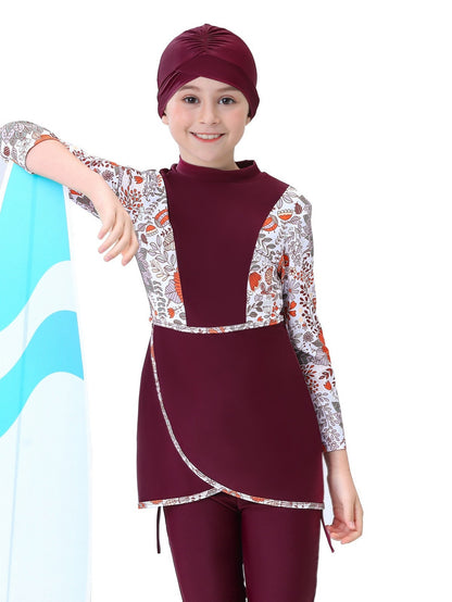 Girls conservative swimsuit bukini children's beach swimsuit long sleeve random print design top + trousers two-piece set