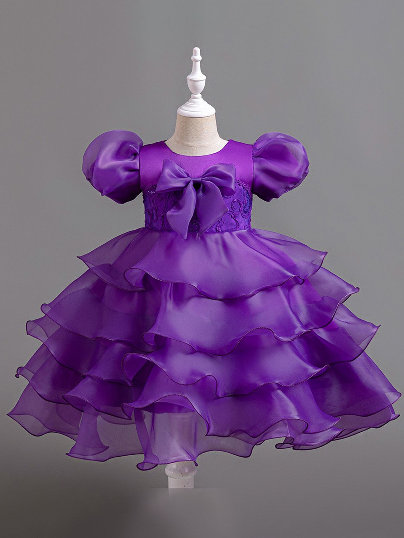 Girls Puff Sleeve Dress Bow Princess Dress