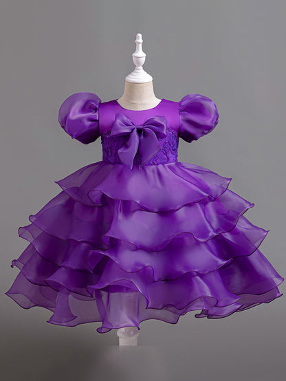 Girls Puff Sleeve Dress Bow Princess Dress