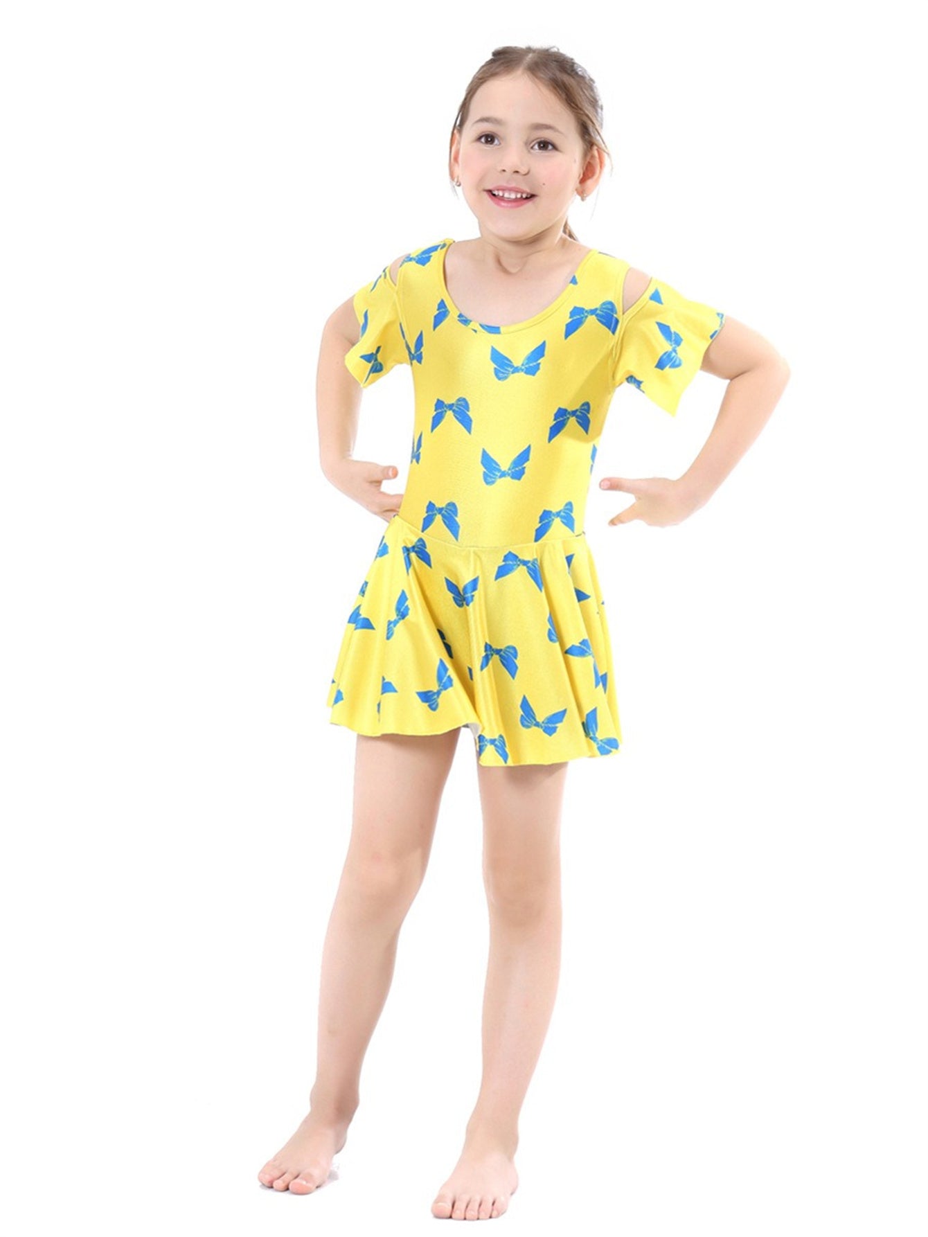 Girls Traditional Conservative Bow Print One-Piece Swimsuit Dress