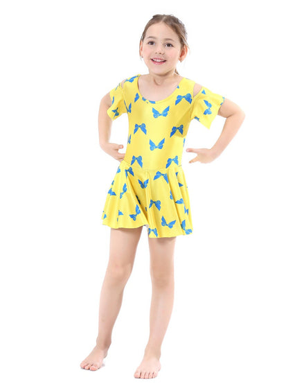Girls Traditional Conservative Bow Print One-Piece Swimsuit Dress