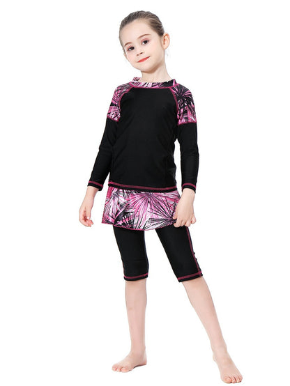 Girls Swimwear Tropical Plant Pattern Conservative Three-Piece Swimsuit