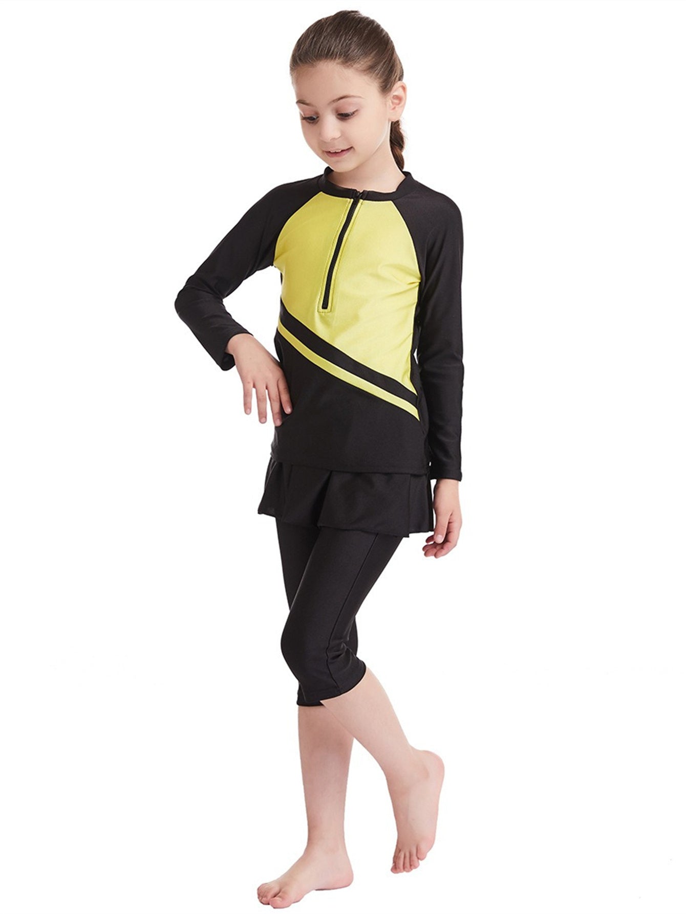 Girls Traditional Conservative Splicing Long Sleeve Swimsuit Set
