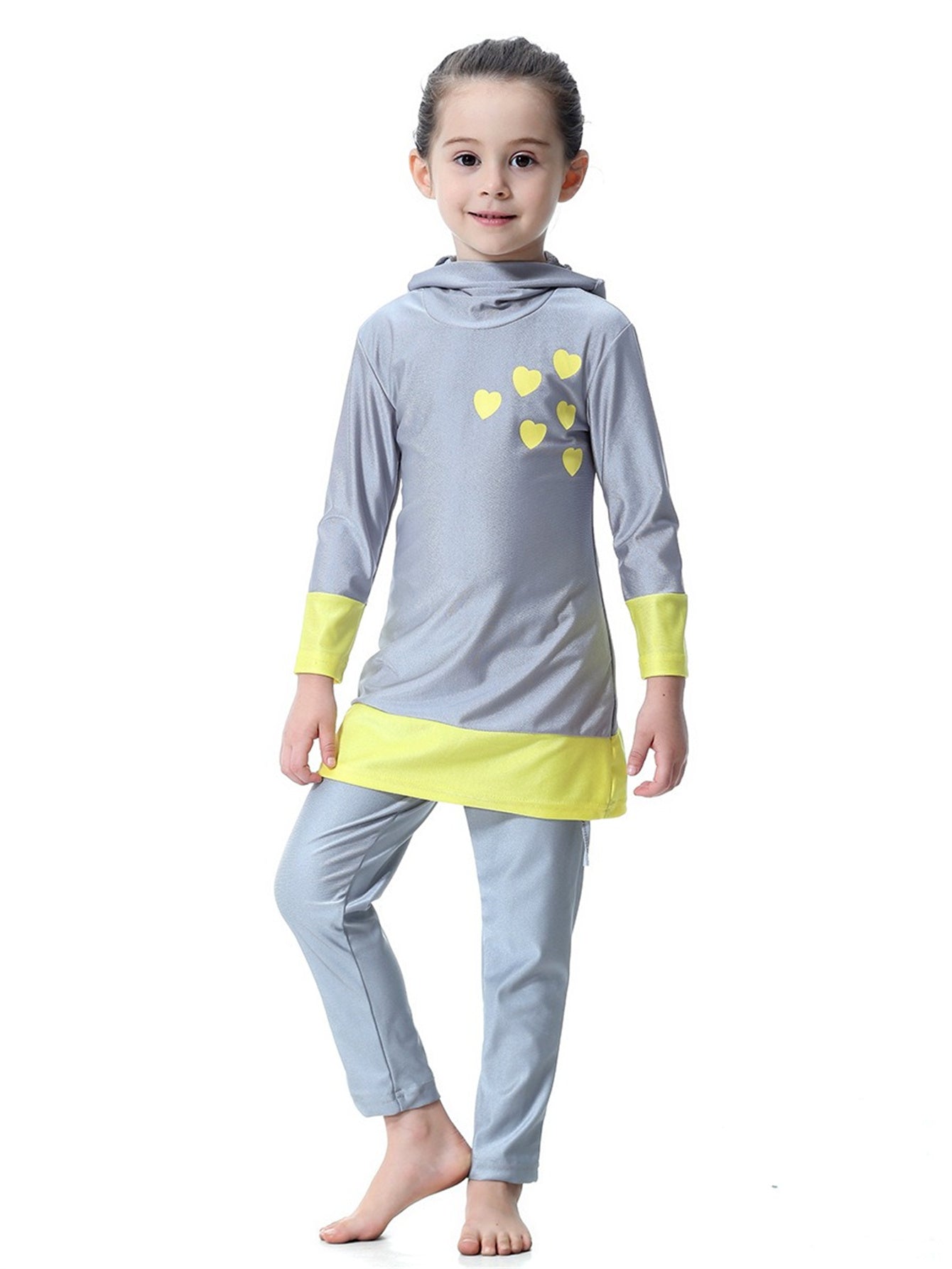 Girls' long-sleeved trousers contrast color heart hooded swimsuit set