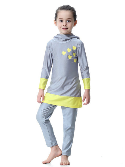 Girls' long-sleeved trousers contrast color heart hooded swimsuit set